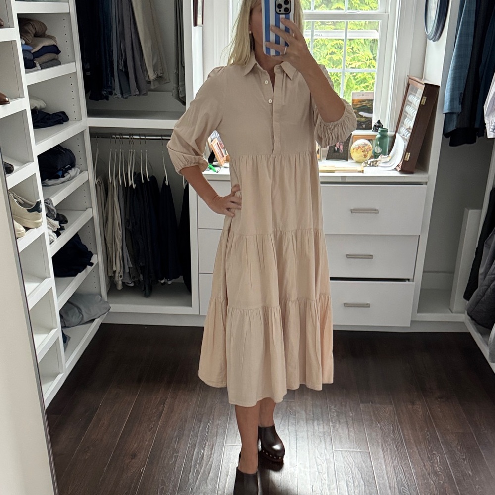 Pomander Place Long Sleeve Tiered Midi Dress in Light Beige